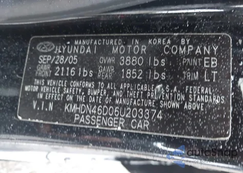 2006 Hyundai Elantra Gls/Limited z USA, uszkodzony, nr VIN KMHDN46D06U203374